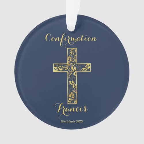 Confirmation blue gold cross ceramic ornament