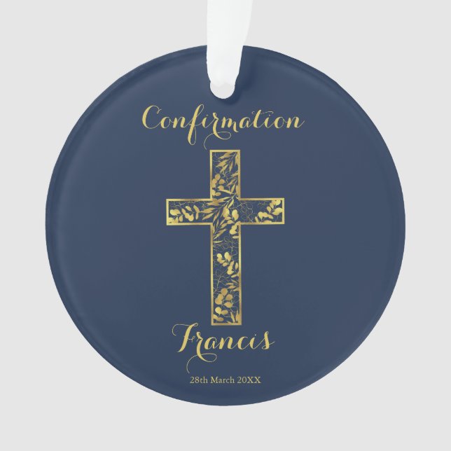 Confirmation blue gold cross ceramic ornament (Front)