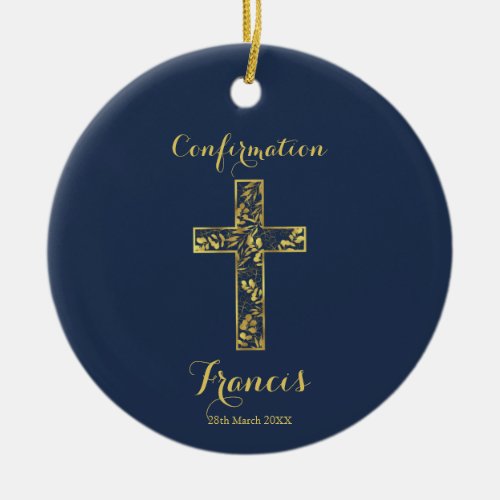 Confirmation blue gold cross ceramic ornament