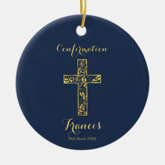 Confirmation blue gold cross ceramic ornament (Front)
