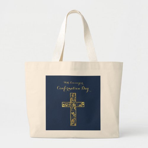 Confirmation Blue Gold Cross  Large Tote Bag