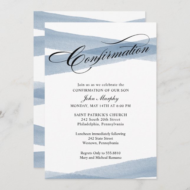 Confirmation, Blue Modern Watercolor Invitation (Front/Back)