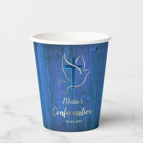 Confirmation blue wood design paper cups