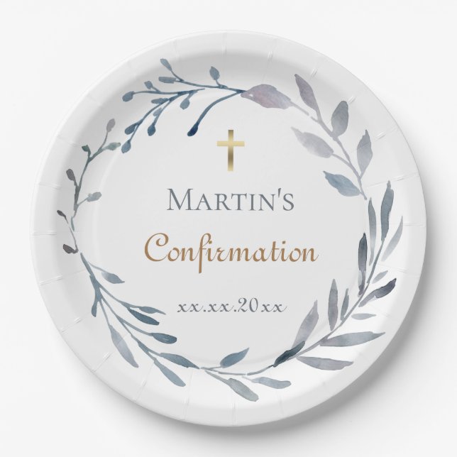Confirmation blue wreath  paper plates (Front)