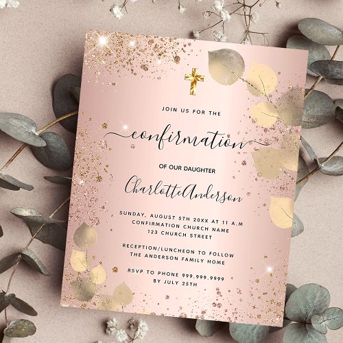 Confirmation blush eucalyptus budget invitation flyer