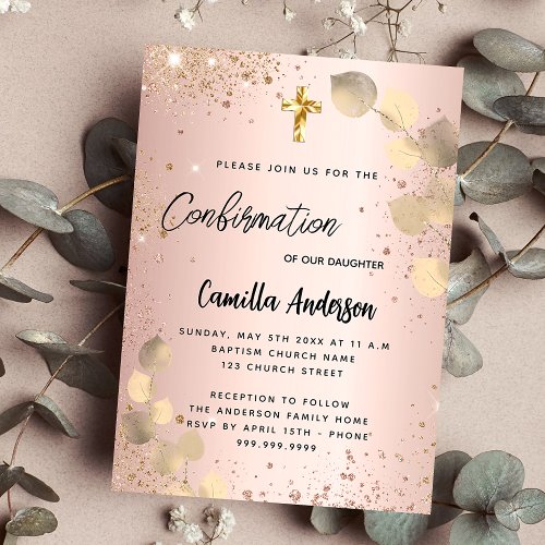 Confirmation blush eucalyptus gold glitter invitation