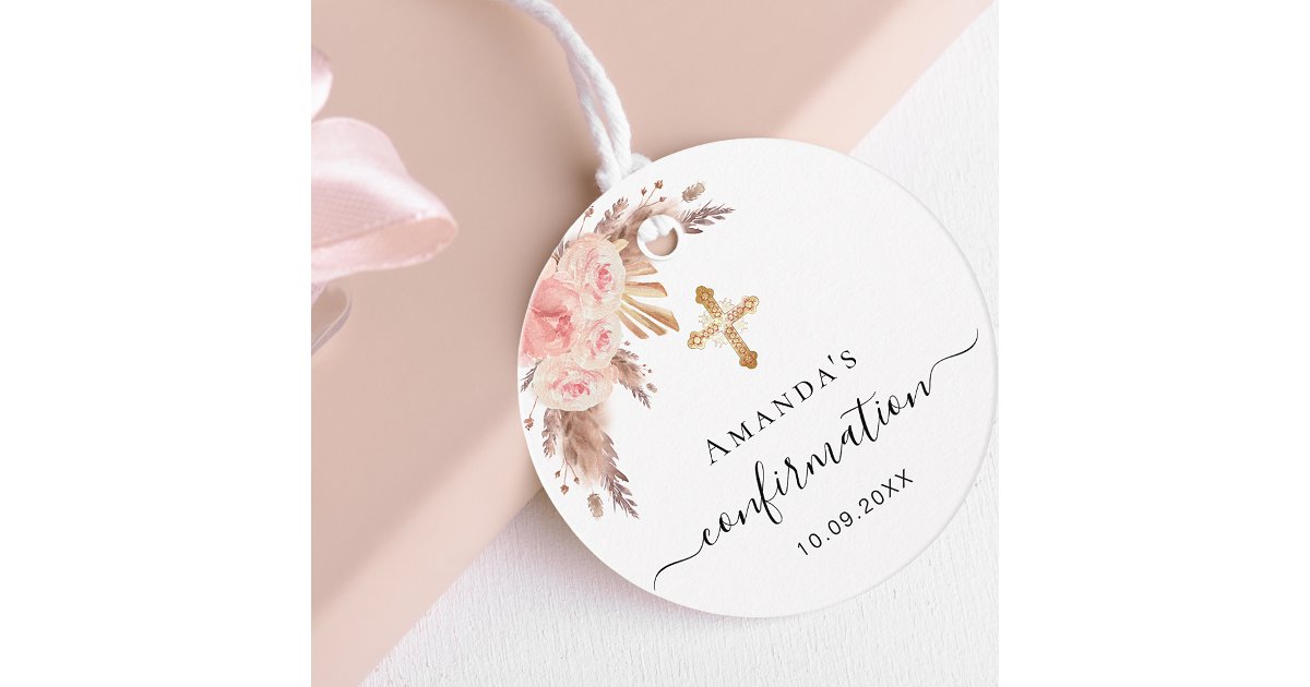 Confirmation blush pampas grass floral thank you favor tags | Zazzle