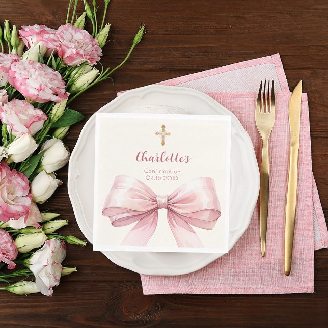 Confirmation blush pink bow cream cross luncheon napkins (Creator Uploaded)