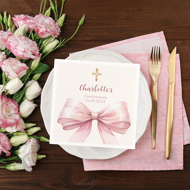 Confirmation blush pink bow cream cross napkins (Creator Uploaded)