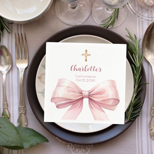 Confirmation blush pink bow cross girl