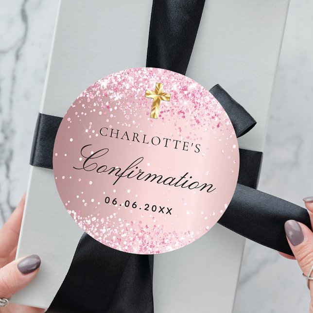 Confirmation blush pink confetti gold cross classic round sticker (Creator Uploaded)