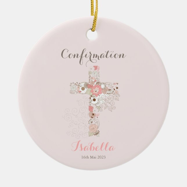 Confirmation blush pink floral cross ceramic ornament (Front)