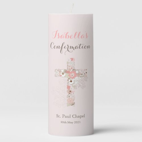 Confirmation Blush Pink Floral Cross Girl Name  Pillar Candle