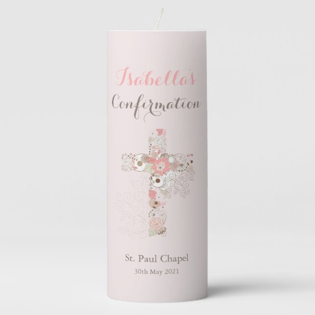 Confirmation Blush Pink Floral Cross Girl Name  Pillar Candle (Front)
