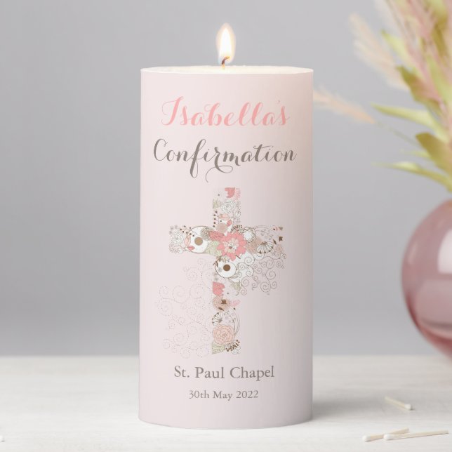 Confirmation Blush Pink Floral Cross Girl Name   Pillar Candle (In Situ)