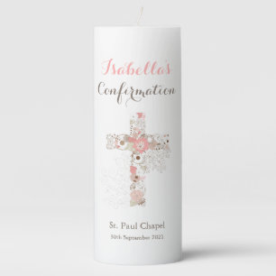 Confirmation Blush Pink Floral Cross Girl Name Pillar Candle