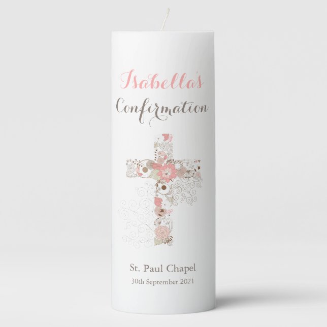 Confirmation Blush Pink Floral Cross Girl Name   Pillar Candle (Front)