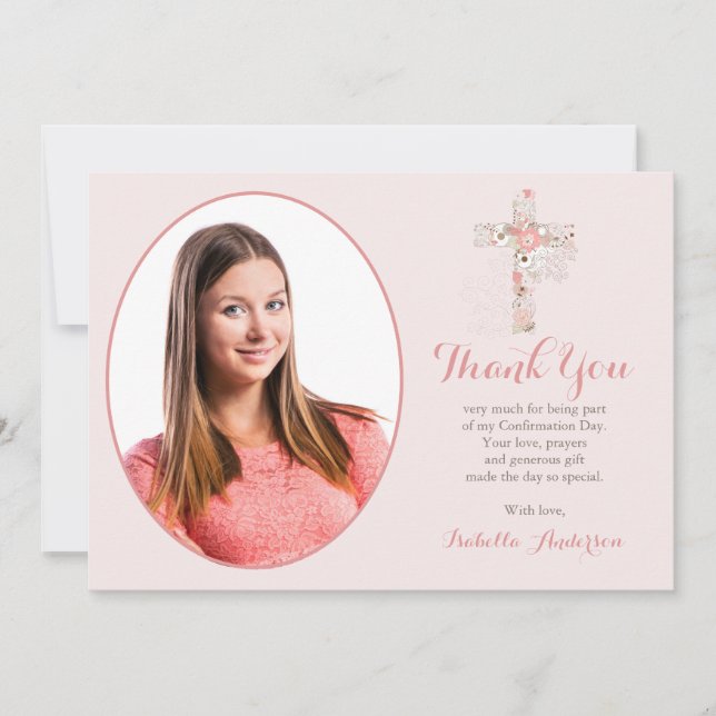 Confirmation blush pink Floral Cross Girl Photo  Thank You Card (Front)