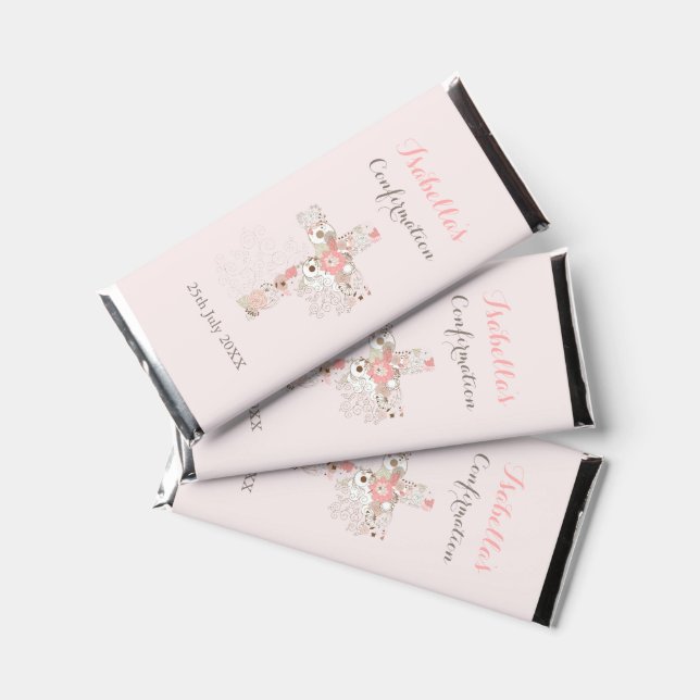Confirmation blush pink floral cross hershey bar favors (Front)