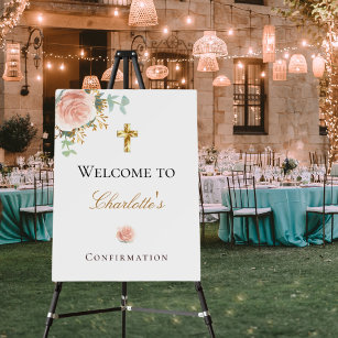Confirmation blush pink floral eucalyptus welcome  foam board