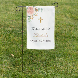Confirmation blush pink floral eucalyptus welcome garden flag