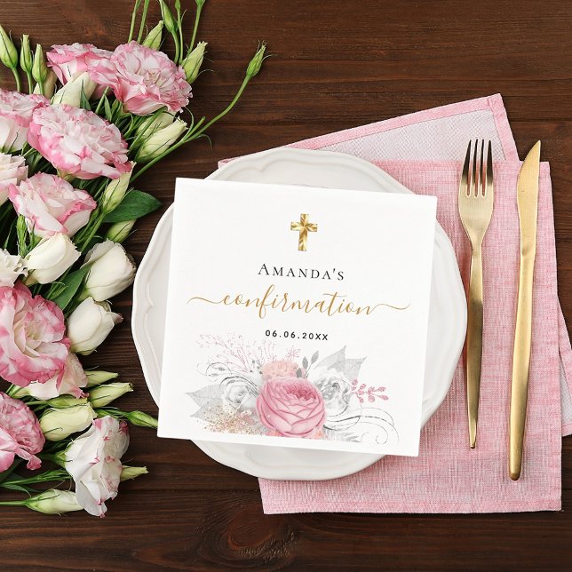 Confirmation blush pink floral white name girl napkins (Creator Uploaded)