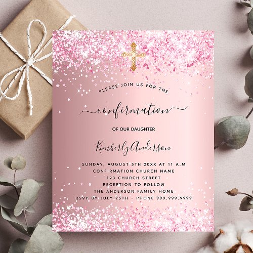 Confirmation blush pink glitter budget invitation