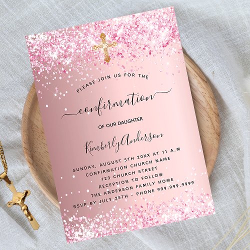 Confirmation blush pink glitter girl invitation