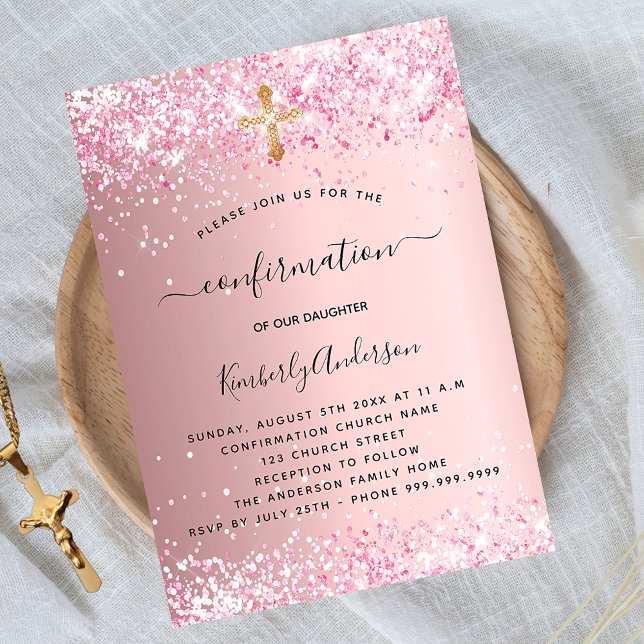 Confirmation blush pink glitter girl luxury invitation (Creator Uploaded)