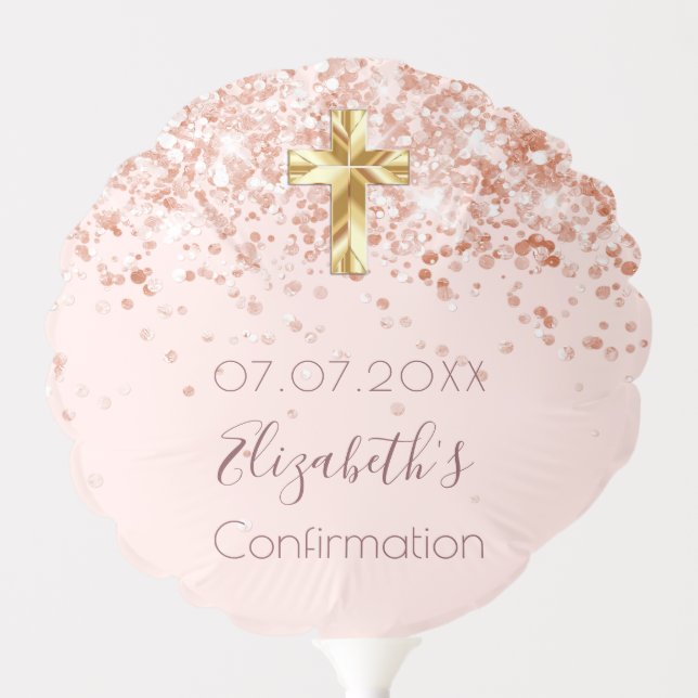 Confirmation blush rose gold glitter name cross balloon (Front)