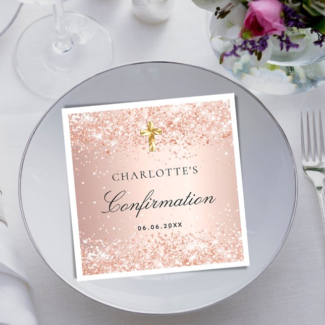 Confirmation blush rose gold glitter name girl napkins (Creator Uploaded)