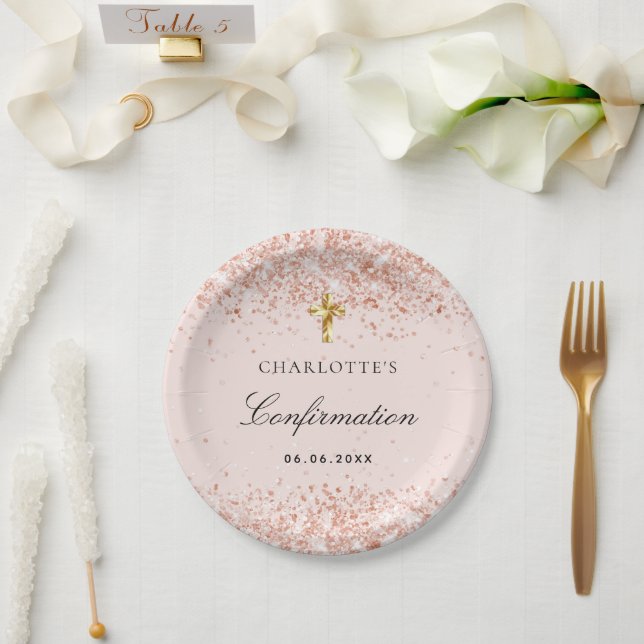 Confirmation blush rose gold glitter name girl paper plates (Wedding)