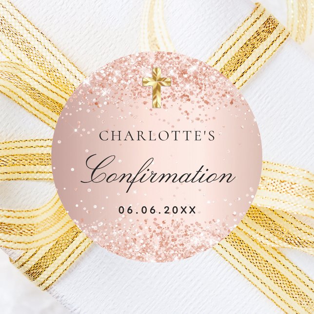 Confirmation blush rose gold name girl classic round sticker (Creator Uploaded)