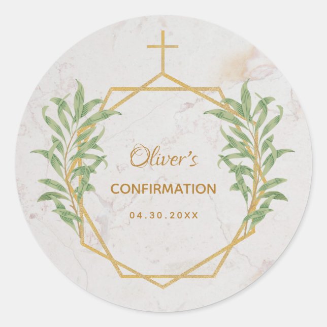 Confirmation Botanical Greenery Gold Geometric  Classic Round Sticker (Front)