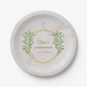Confirmation Botanical Greenery Gold Geometric Paper Plates