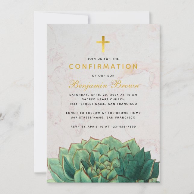 Confirmation Botanical Succulent Marble Gold Cross Invitation (Front)