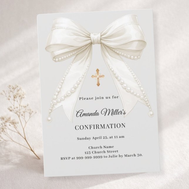 Confirmation bow ivory pearls girl gray invitation (Creator Uploaded)
