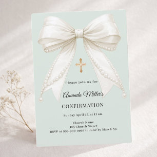 Confirmation bow ivory pearls girl sage green invitation