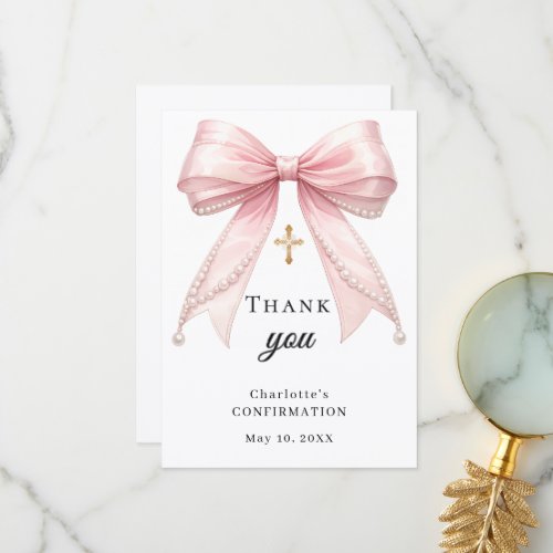 Confirmation bow pink pearls gold cross thank you card