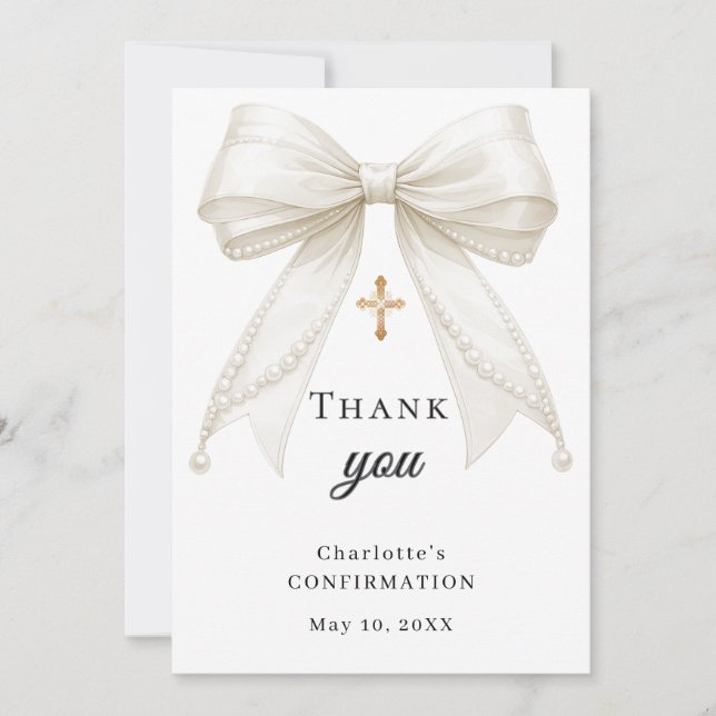 Confirmation bow white ivory pearls thank you card (Front)