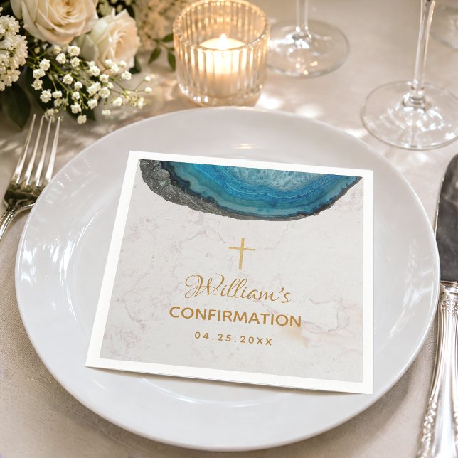 Confirmation Boy Blue Geode Gold Cross Marble Napkins (Creator Uploaded)