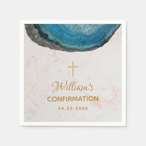 Confirmation Boy Blue Geode Gold Cross Marble Napkins