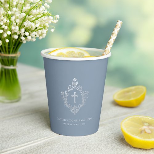 Confirmation Boy Dusty Blue Vintage Cross Crest  Paper Cups