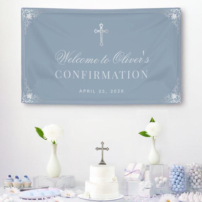 Confirmation Boy Dusty Blue Vintage Cross Elegant Banner (Creator Uploaded)