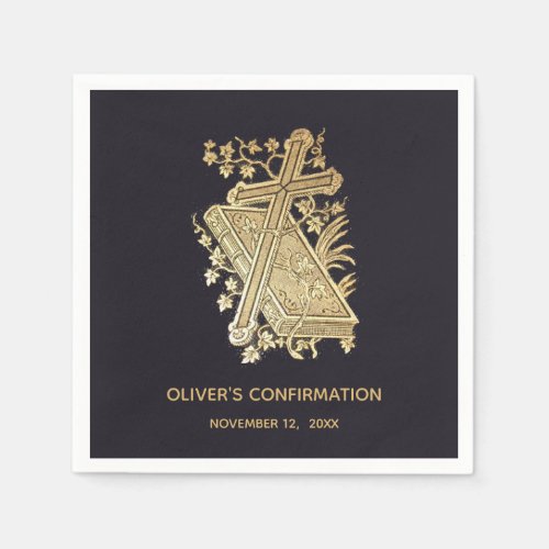 Confirmation Boy Gold Cross Book Vintage Black  Napkins