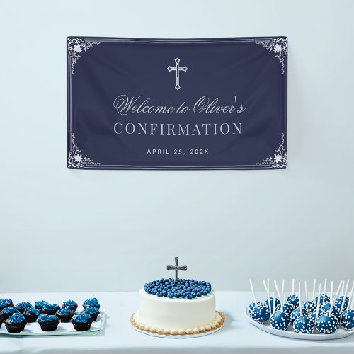 Confirmation Boy Navy Blue Elegant Vintage Cross Banner