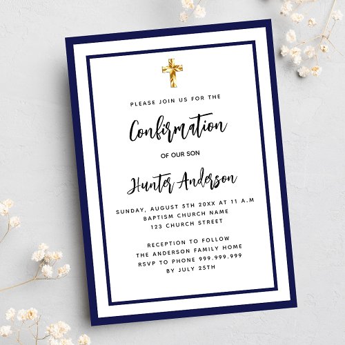 Confirmation boy navy blue white luxury invitation