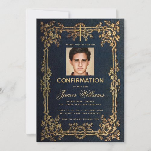 Confirmation Boy Photo Blue Gold Leaves Vintage Invitation
