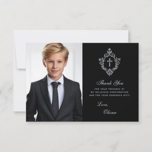 Confirmation Boy Photo Elegant Vintage Crest Black Thank You Card