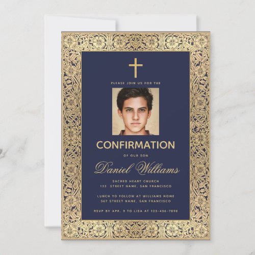 Confirmation Boy Photo Navy Blue Gold Roses Script Invitation